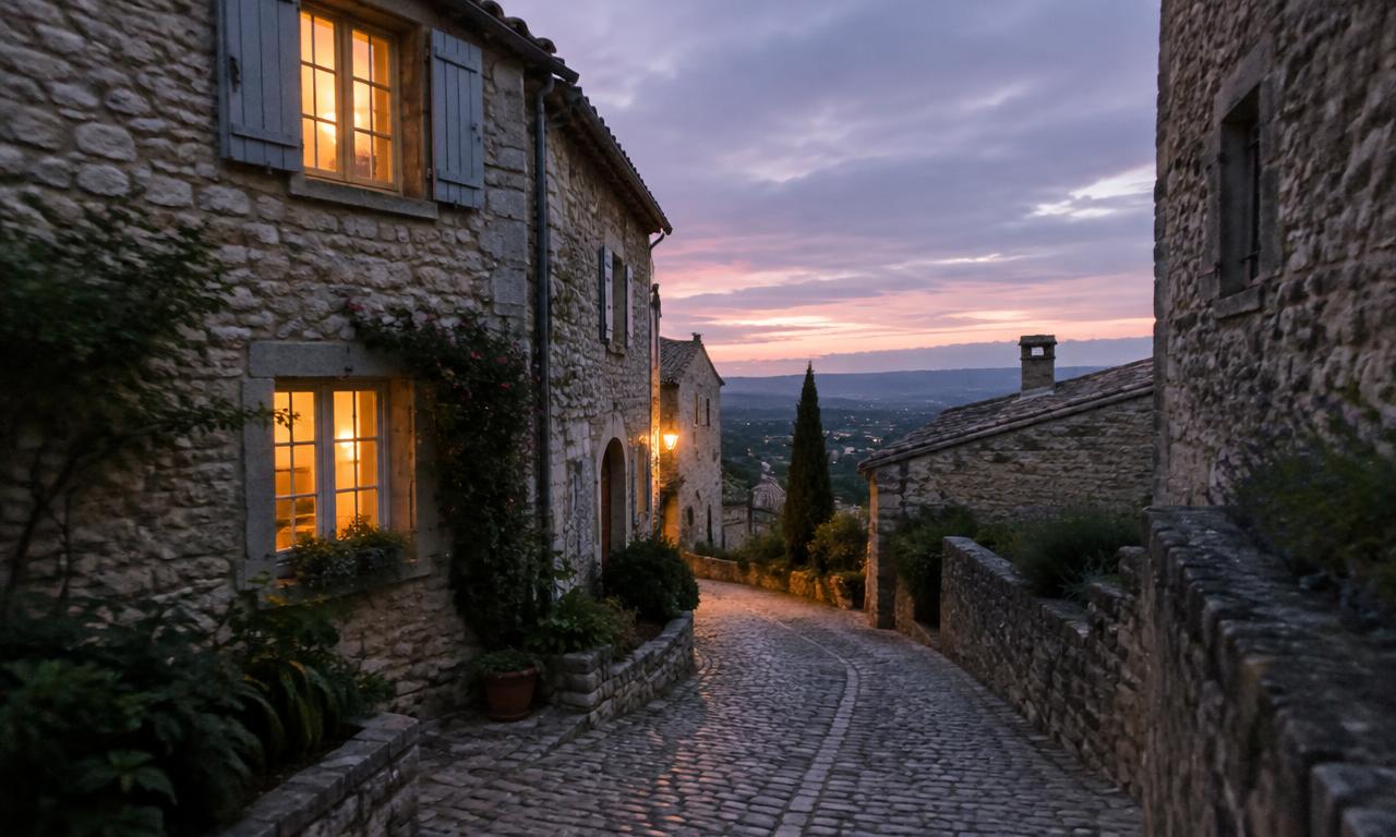Une ruelle de pierres au crépuscule, quand les volets se ferment et que les histoires commencent.