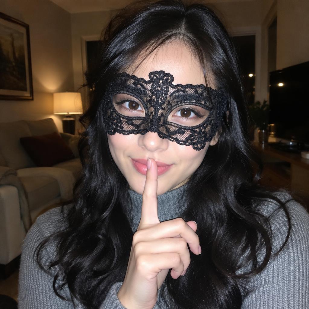 Portrait d’une femme asiatique aux cheveux noirs ondulés portant un masque de dentelle noire et faisant un geste de silence
